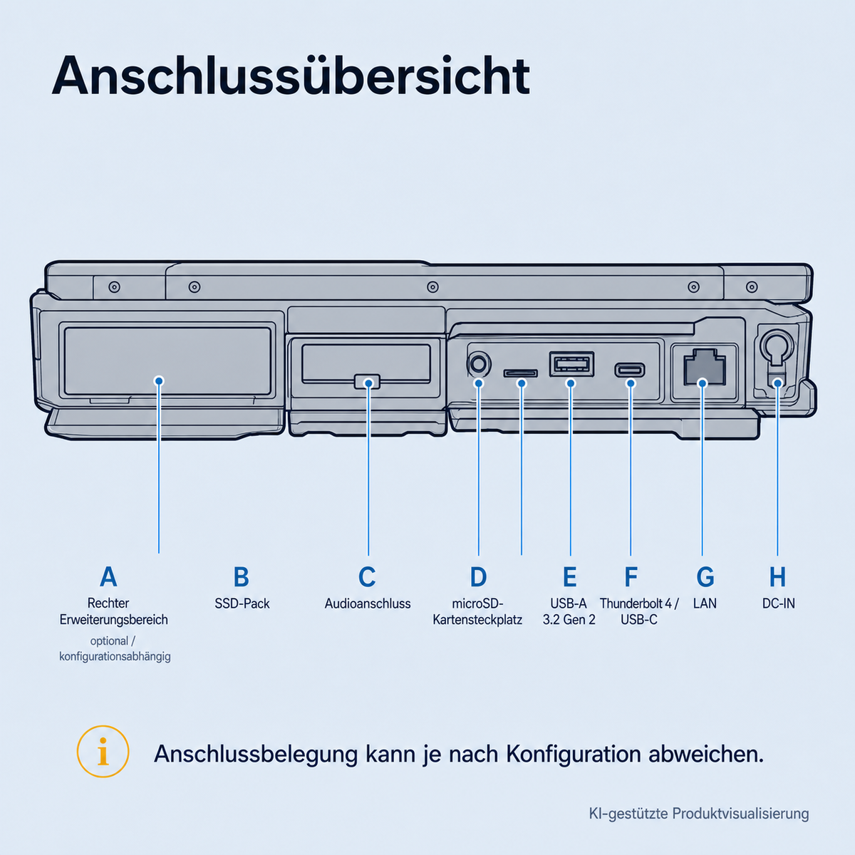 Panasonic TOUGHBOOK 40 Mk2, technische Anschlussübersicht der Produktfamilie; Anschlussbelegung kann je nach Konfiguration abweichen.