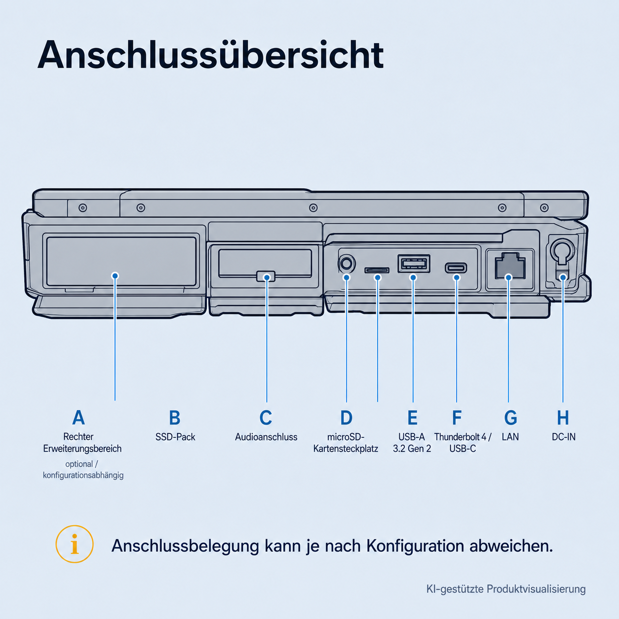 Panasonic TOUGHBOOK 40 Mk2, technische Anschlussübersicht der Produktfamilie; Anschlussbelegung kann je nach Konfiguration abweichen.